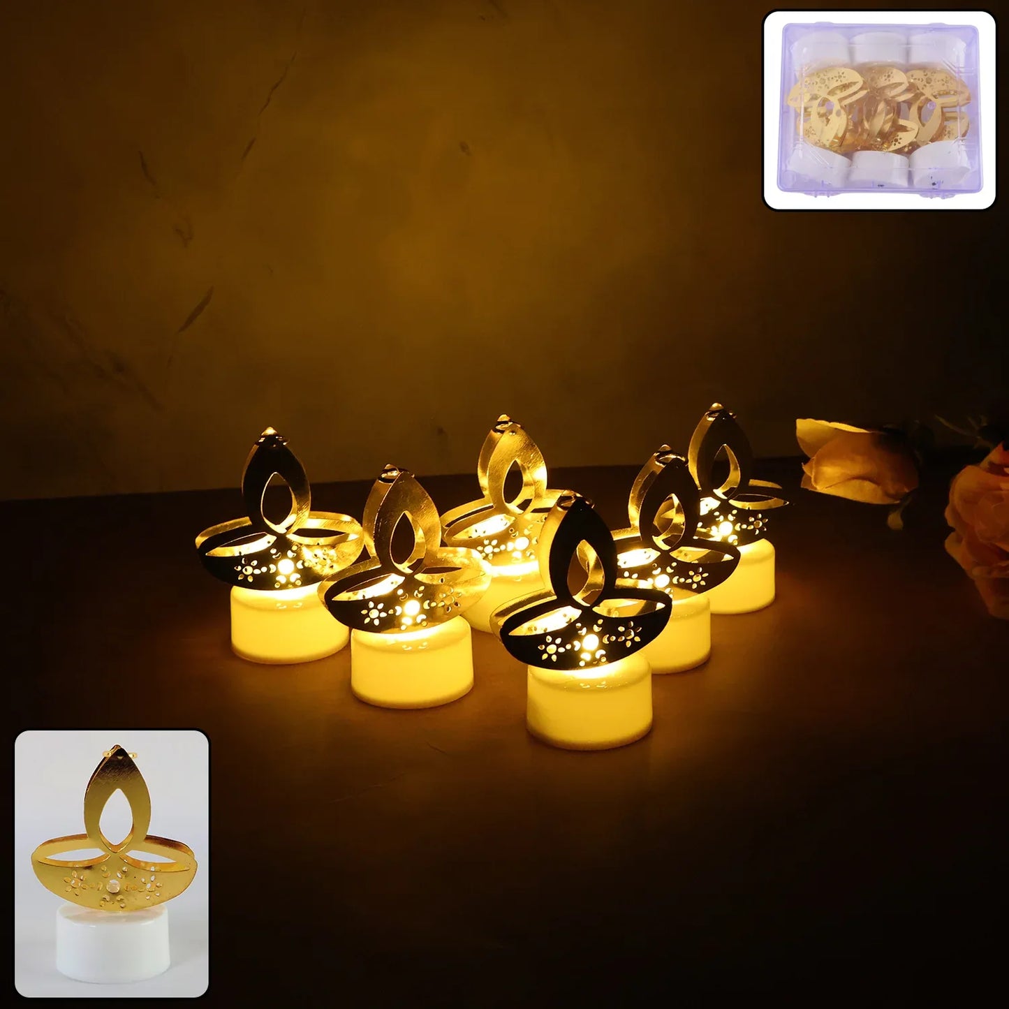 Golden Diya Shaped Led Tealight Candles (6 Pc) - Zidbik