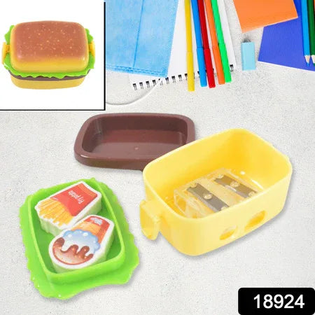 Plastic Burger Shape Small Size Double Hole Sharpener With Eraser (1 Set) - Zidbik