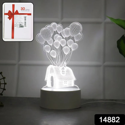 3d Illusion Led Night Lamp With House And Balloons Design - Zidbik