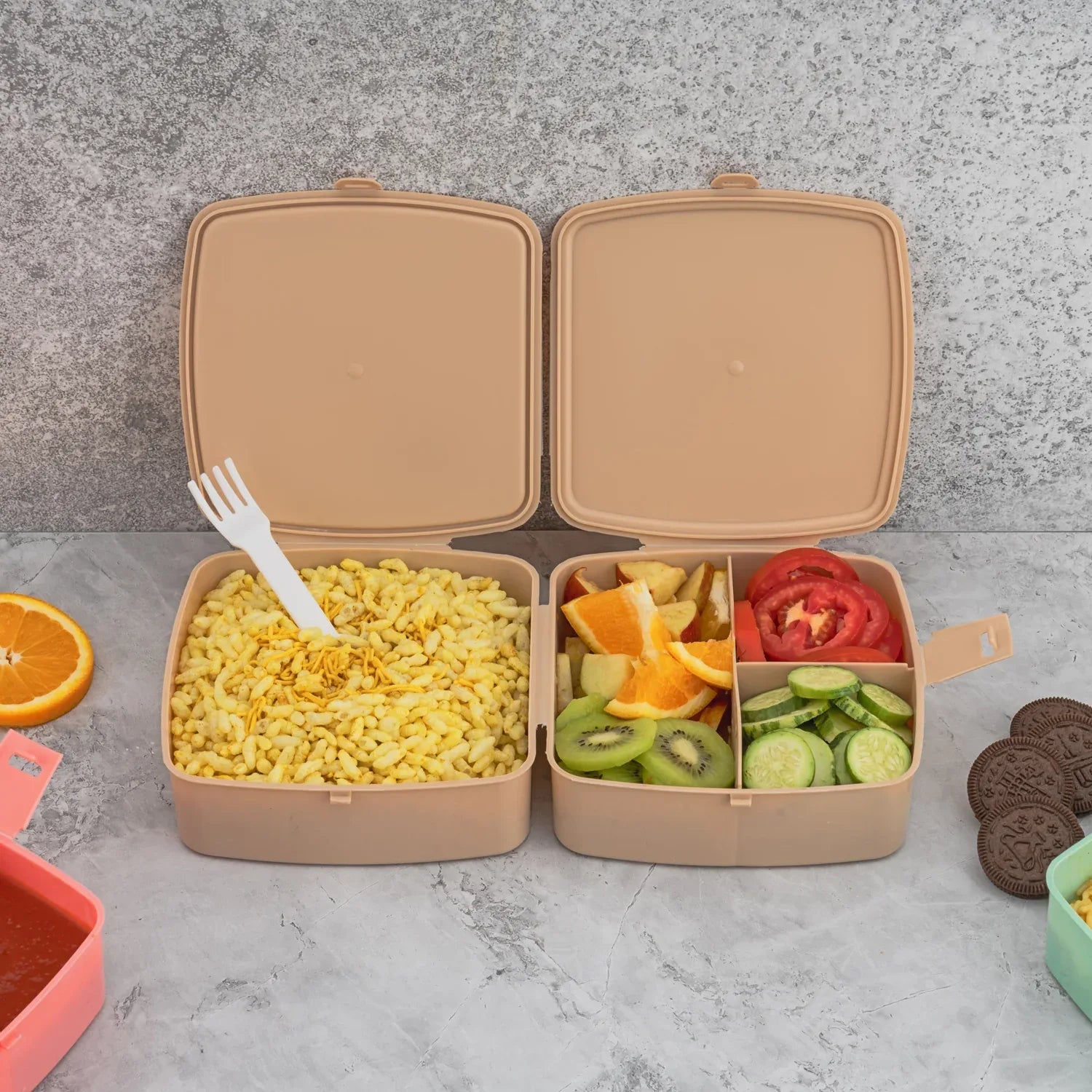 5787 Double-layer Square Lunch Box With Spoon 4 Compartment Tiffin Push Lock Plastic Tiffin Box For Travelling School Kids Office Exclusive Home - Zidbik