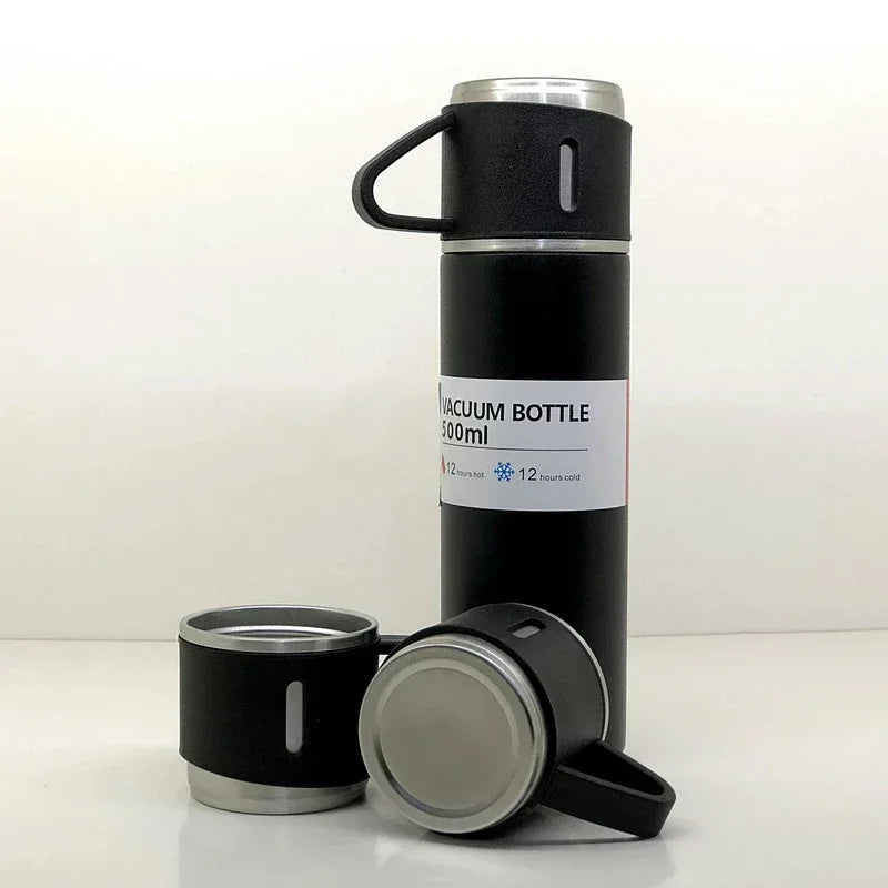 Stainless Steel Vacuum Flask Set With 3 Steel Cups Combo For Coffee Hot Drink And Cold Water Flask Ideal Gifting Travel Friendly Latest Flask Bottle. (500ml) - Zidbik
