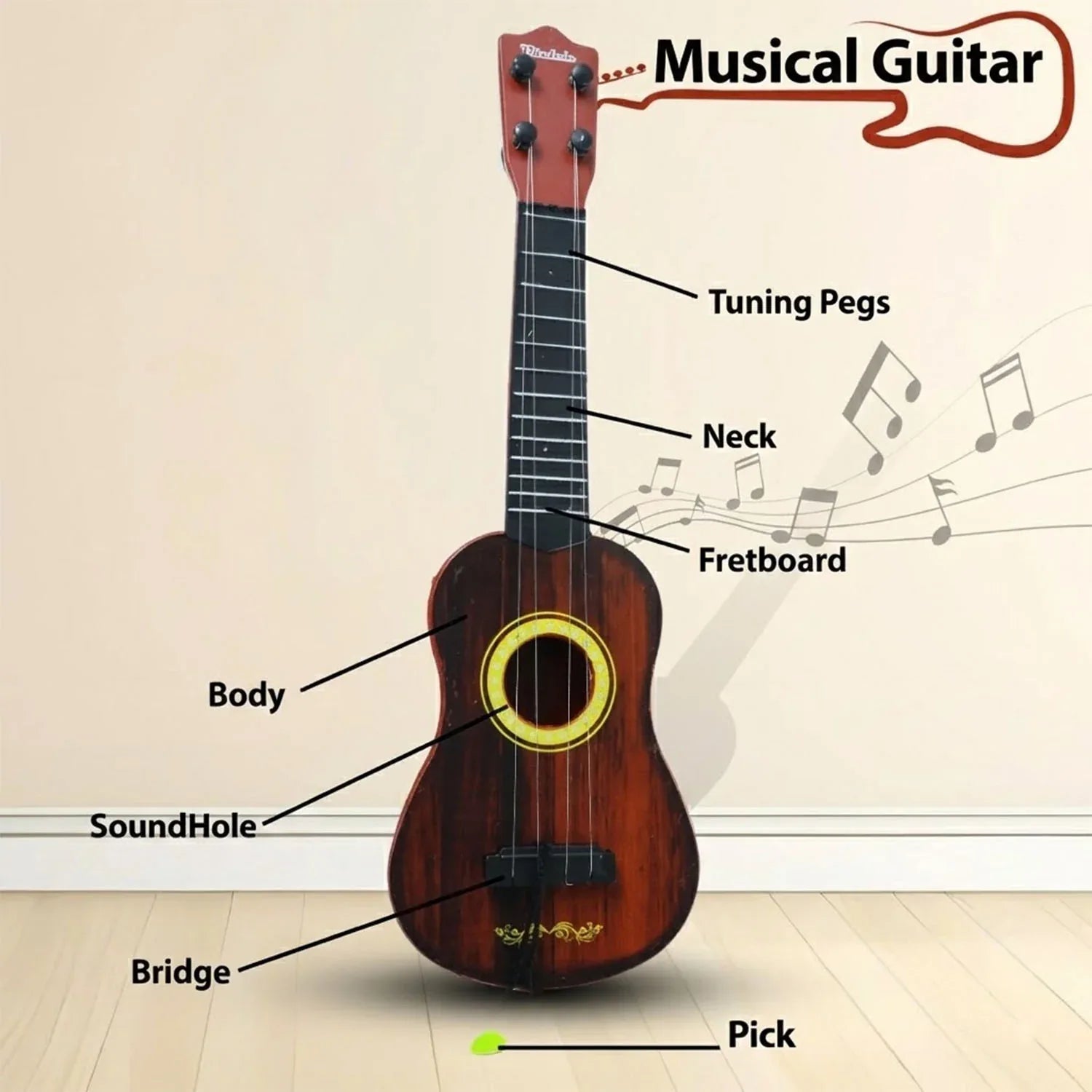 Classic Wooden Ukulele Guitar For Kids Beginners (1 Pc) - Zidbik
