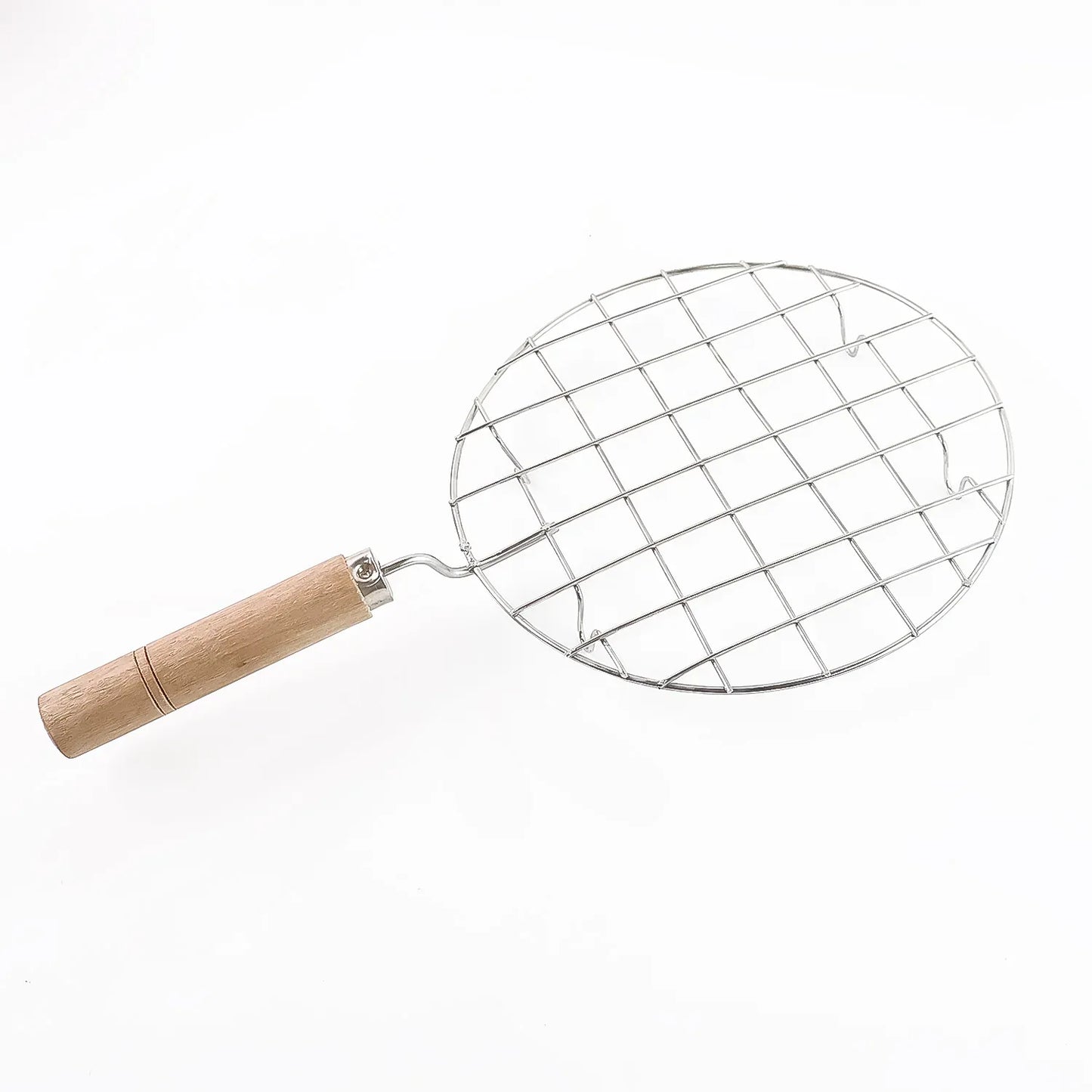2085 Kitchen Round Stainless Steel Roaster Papad Jali Barbecue Grill With Wooden Handle - Zidbik