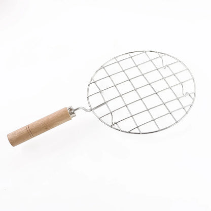 2085 Kitchen Round Stainless Steel Roaster Papad Jali Barbecue Grill With Wooden Handle - Zidbik
