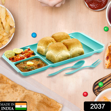 2037 4compartment Dish With Spoon And Fork(1 Dish Set With 1spoon And 1fork) Dinner Plate Plastic Compartment Plate Pav Bhaji Plate 4-compartments Divided Plastic Food Plate. - Zidbik