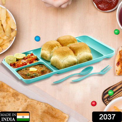 2037 4compartment Dish With Spoon And Fork(1 Dish Set With 1spoon And 1fork) Dinner Plate Plastic Compartment Plate Pav Bhaji Plate 4-compartments Divided Plastic Food Plate. - Zidbik