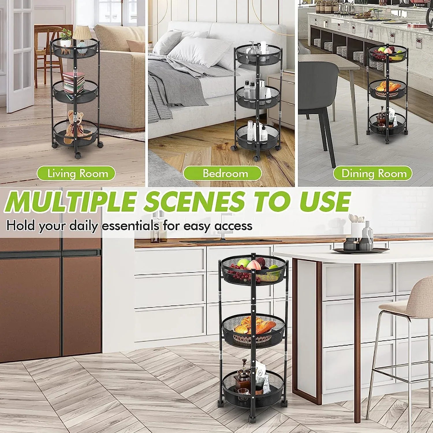 3-layer Round Metal Mesh Utility Storage Trolley With Wheels - Zidbik