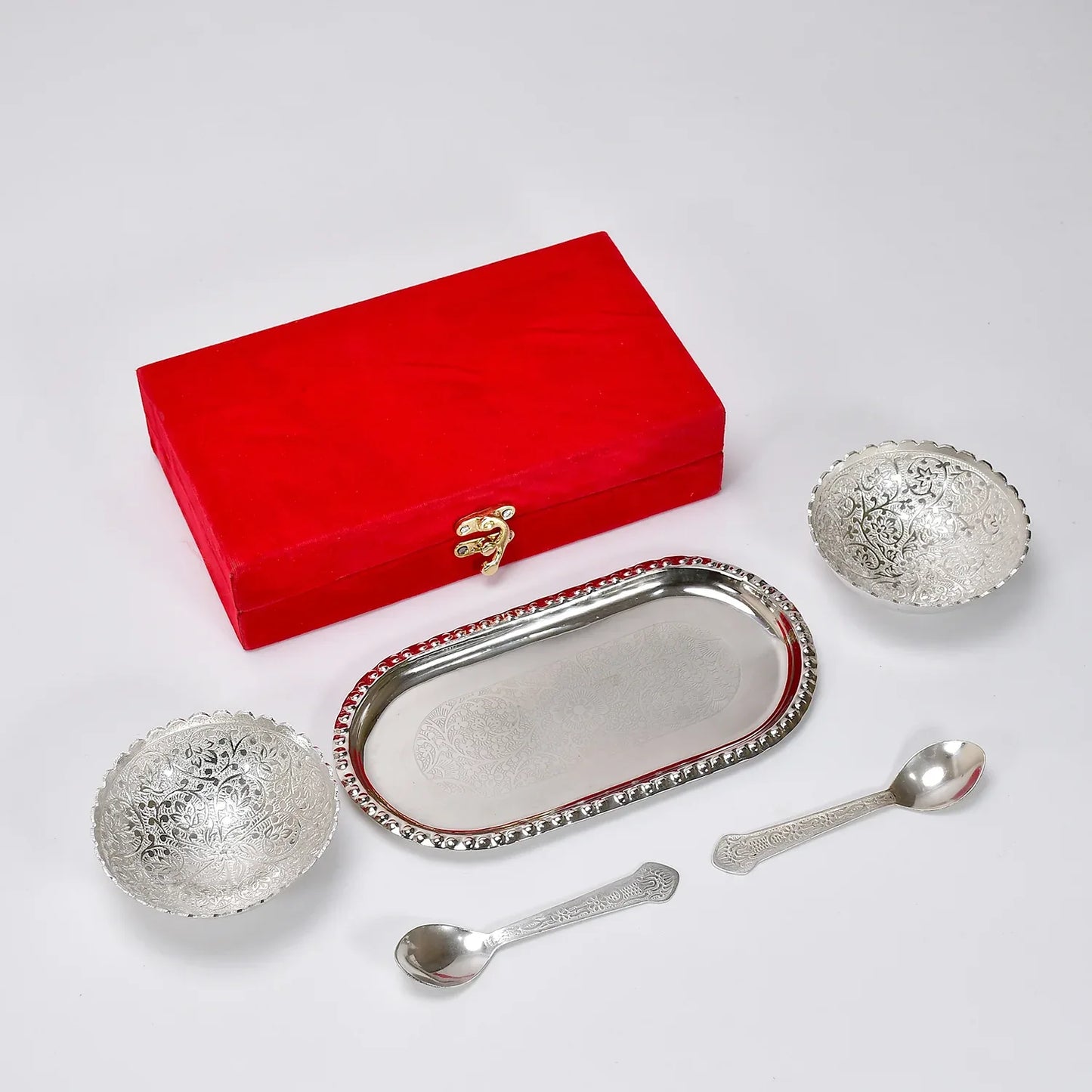 2947a Silver Plated 2 Bowl 2 Spoon Tray Set Brass With Red Velvet Gift Box Serving Dry Fruits Desserts Gift - Zidbik