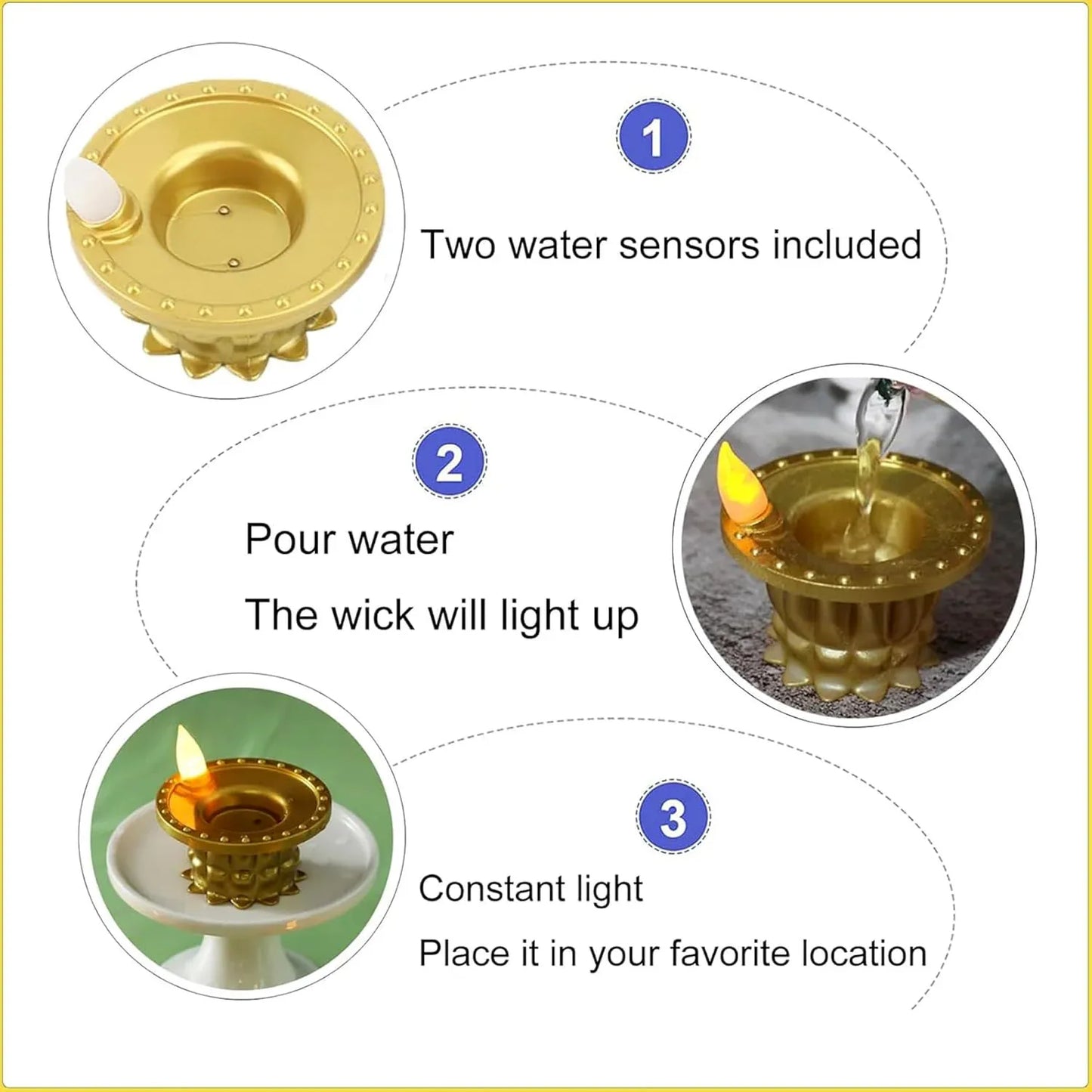 Set Of 3 Water Sensor Led Golden Diyas - Zidbik
