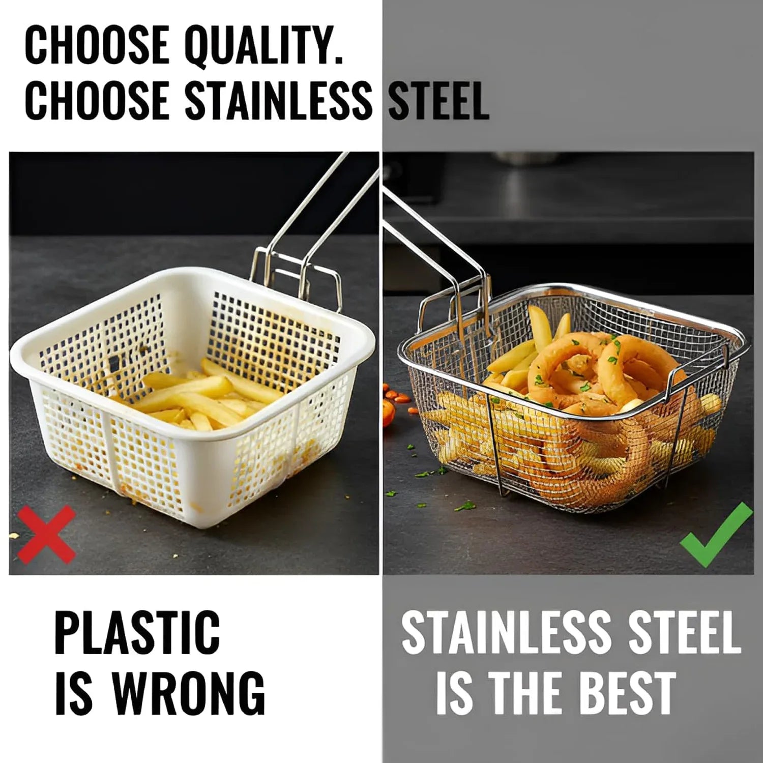 Stainless Steel Deep Fryer Basket With Long Handle (1 Pc) - Zidbik