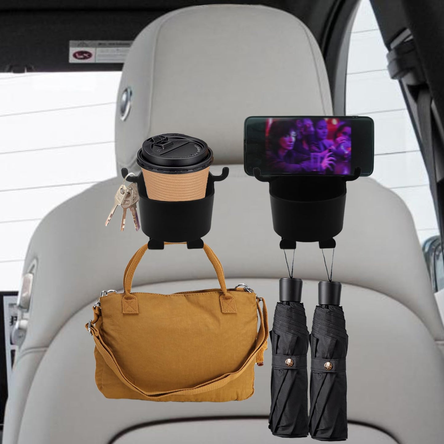 8548 Car Headrest Backseat Organizer 3 In 1 Automotive Cell Phone Drink Cupholder Adapter With Headrest Hooks For Kids And Adults Multifunctional Storage For Car Travel Accessories - Zidbik