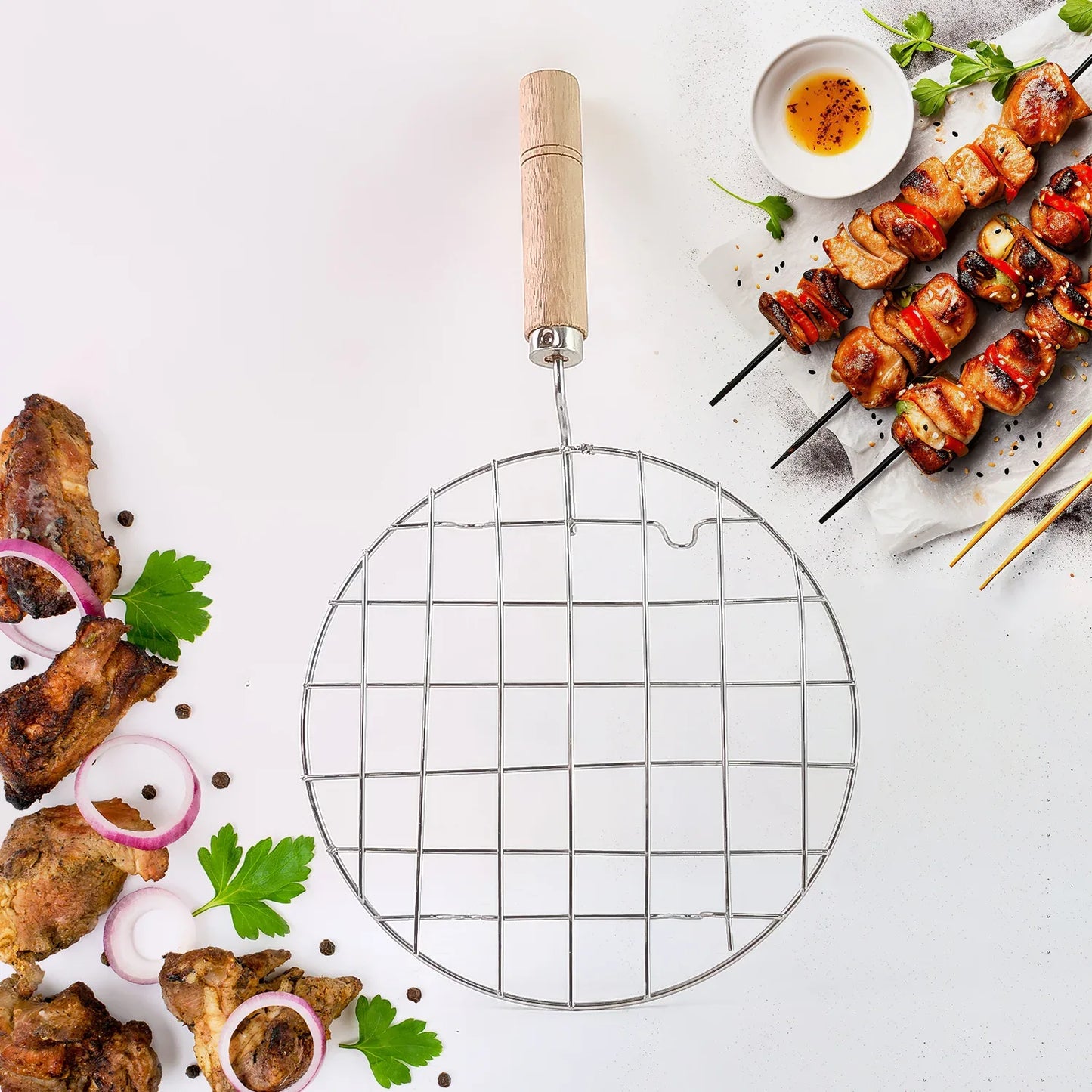 2085 Kitchen Round Stainless Steel Roaster Papad Jali Barbecue Grill With Wooden Handle - Zidbik
