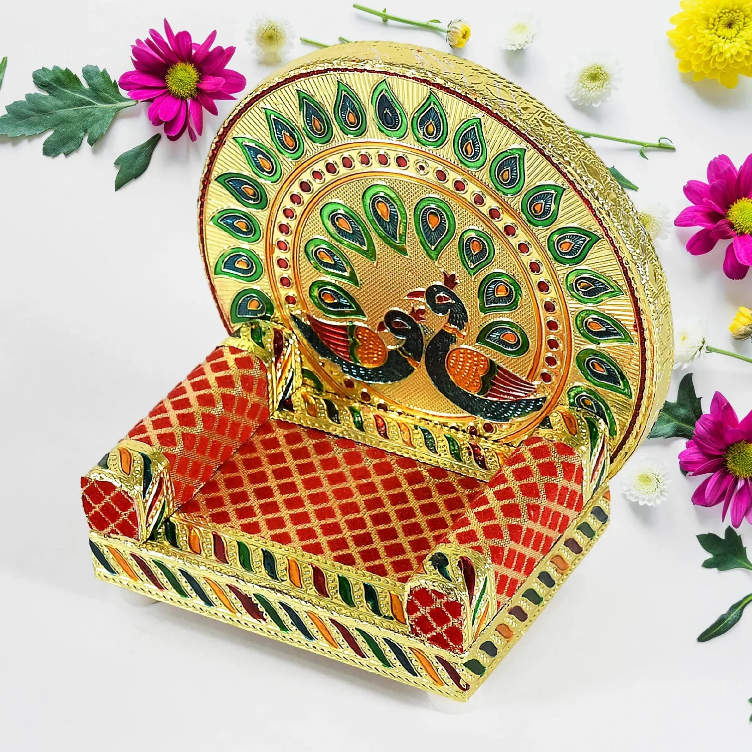 17697 Meenakari Work Laddu Gopal Singhasan For Pooja Mandir Wooden Krishna Ladoo Bal Gopal Sofa Asan Home Decorative Premium Look Decorative Singhasan Suitable For Home Office Restaurant (2 Pc Set) - Zidbik