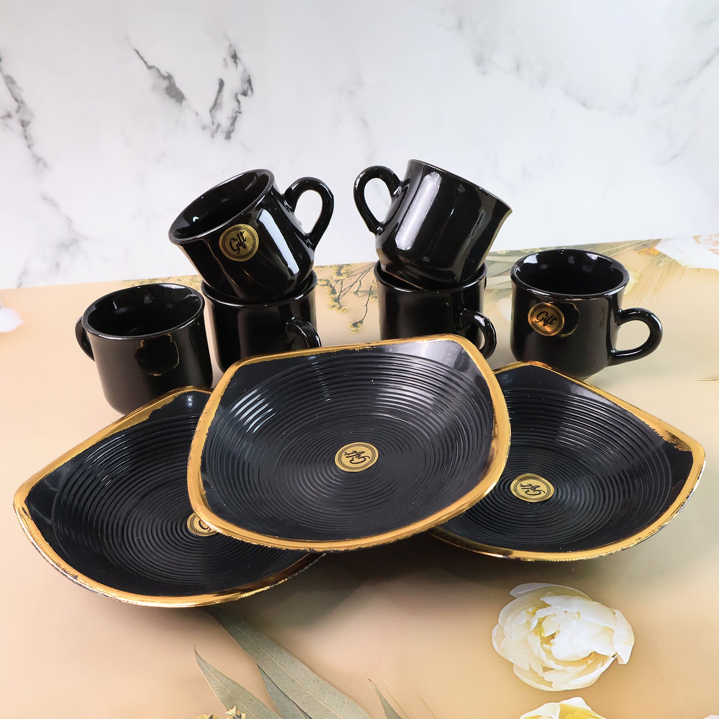 8237 Sweet Buzz Ceramic Tea  Cups  Mug Set With Seashell Shape Serving Bowl Milk Cup Coffee Cup Tea Cup Breakfast Cup Drinking Mug Or Outdoor For Household Gift For Birthday Wedding Party (8 Pcs Set) - Zidbik