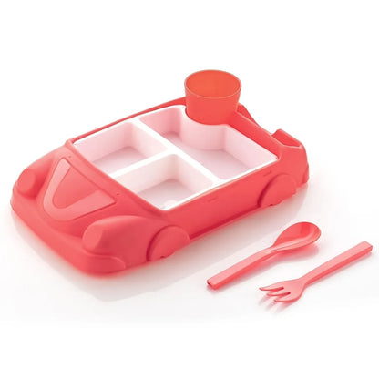 Kids Car Shaped Plates Cup Lunch Box Dinnerware Set (4 Pcs Set 1000 Ml Lunch Box) - Zidbik