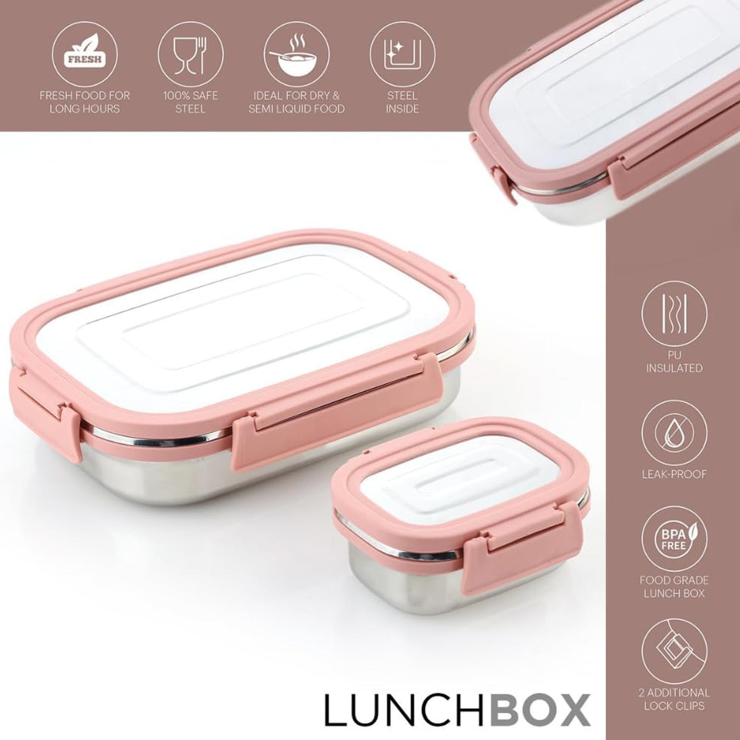 Premium Stainless Steel Leak Proof Air Tight Lunch Boxes (900ml+200ml Approx  2 Pc Set) - Zidbik