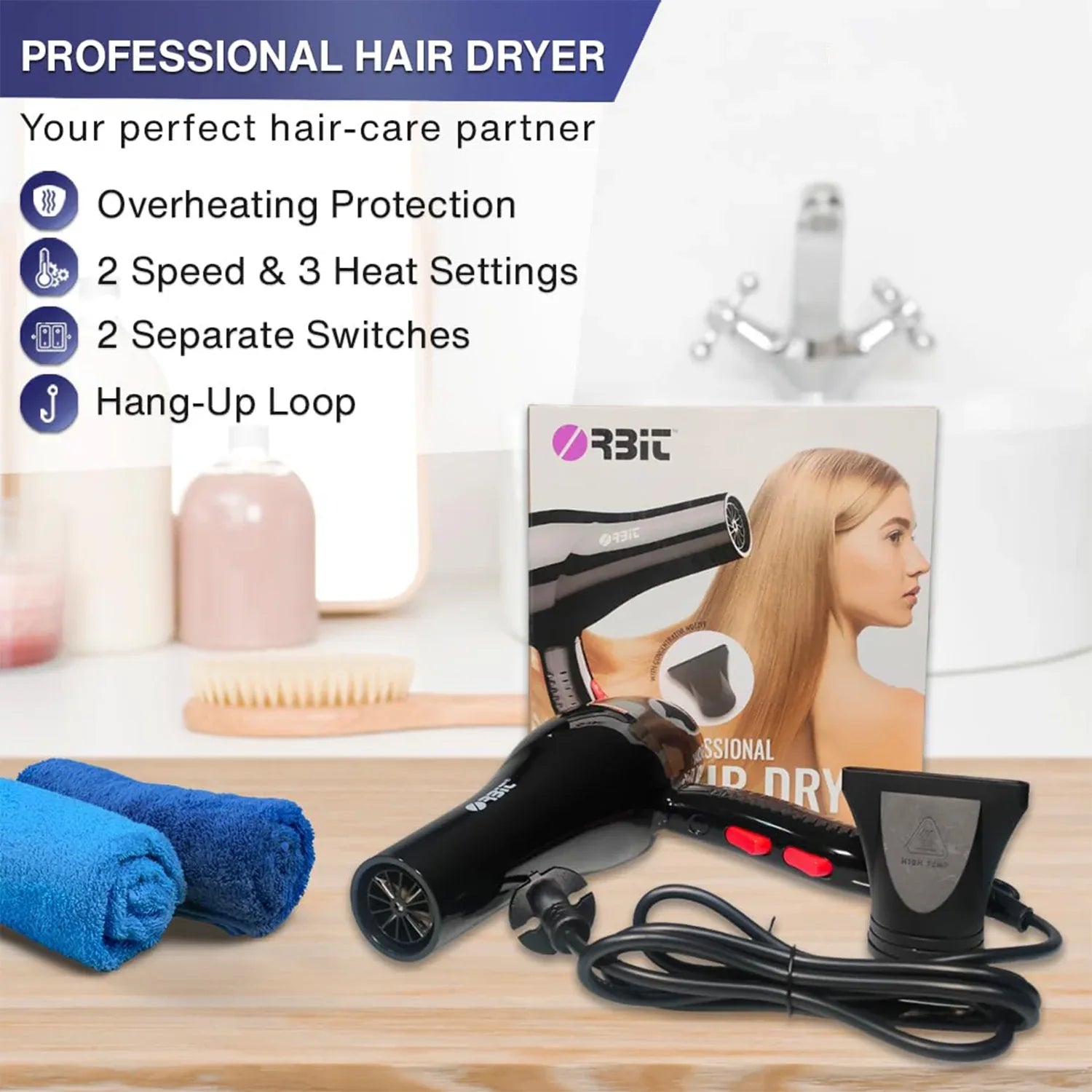 Orbit Professional Electric Hair Dryer With Concentrator Nozzle (1 Pc) - Zidbik