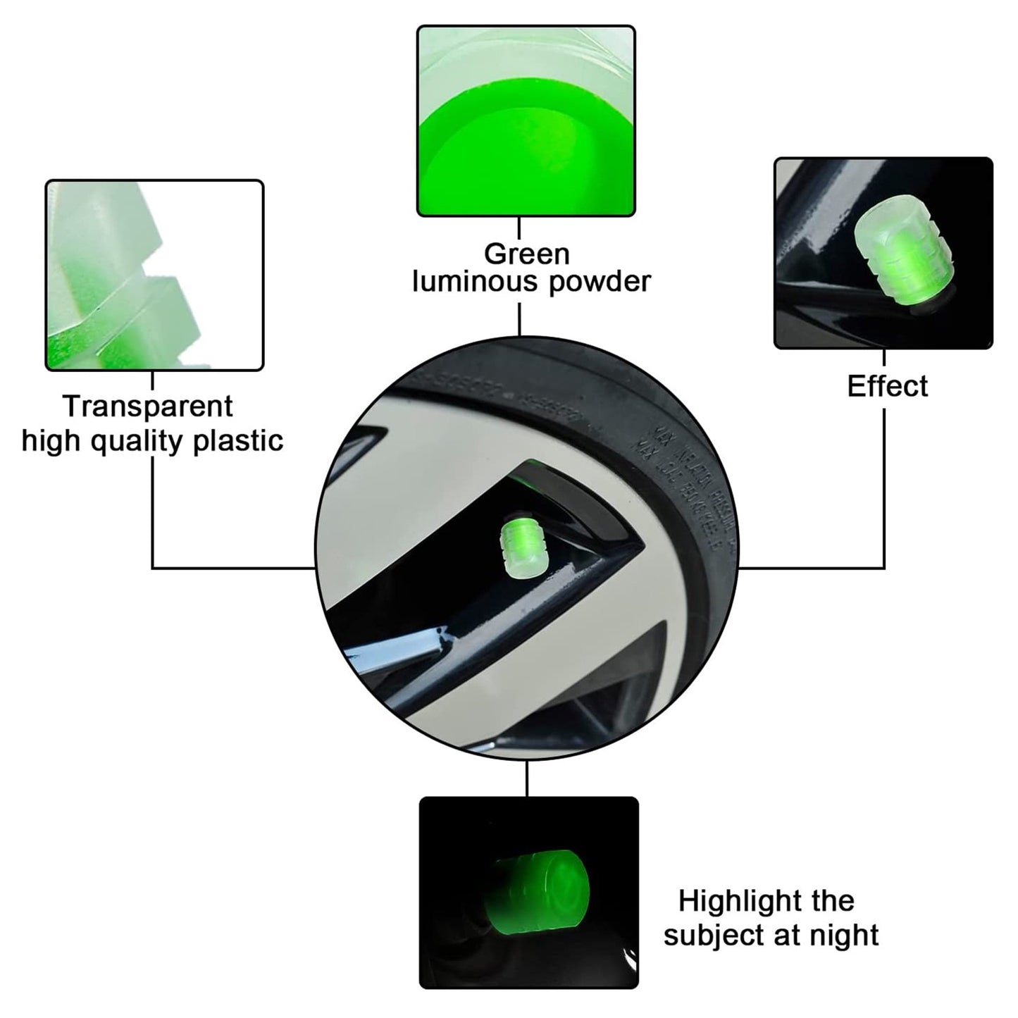 0547 Tyre Valve Caps Luminous Glow Car Tire Air Stem Valve Cap Covers ( 4 Pcs ) - Zidbik