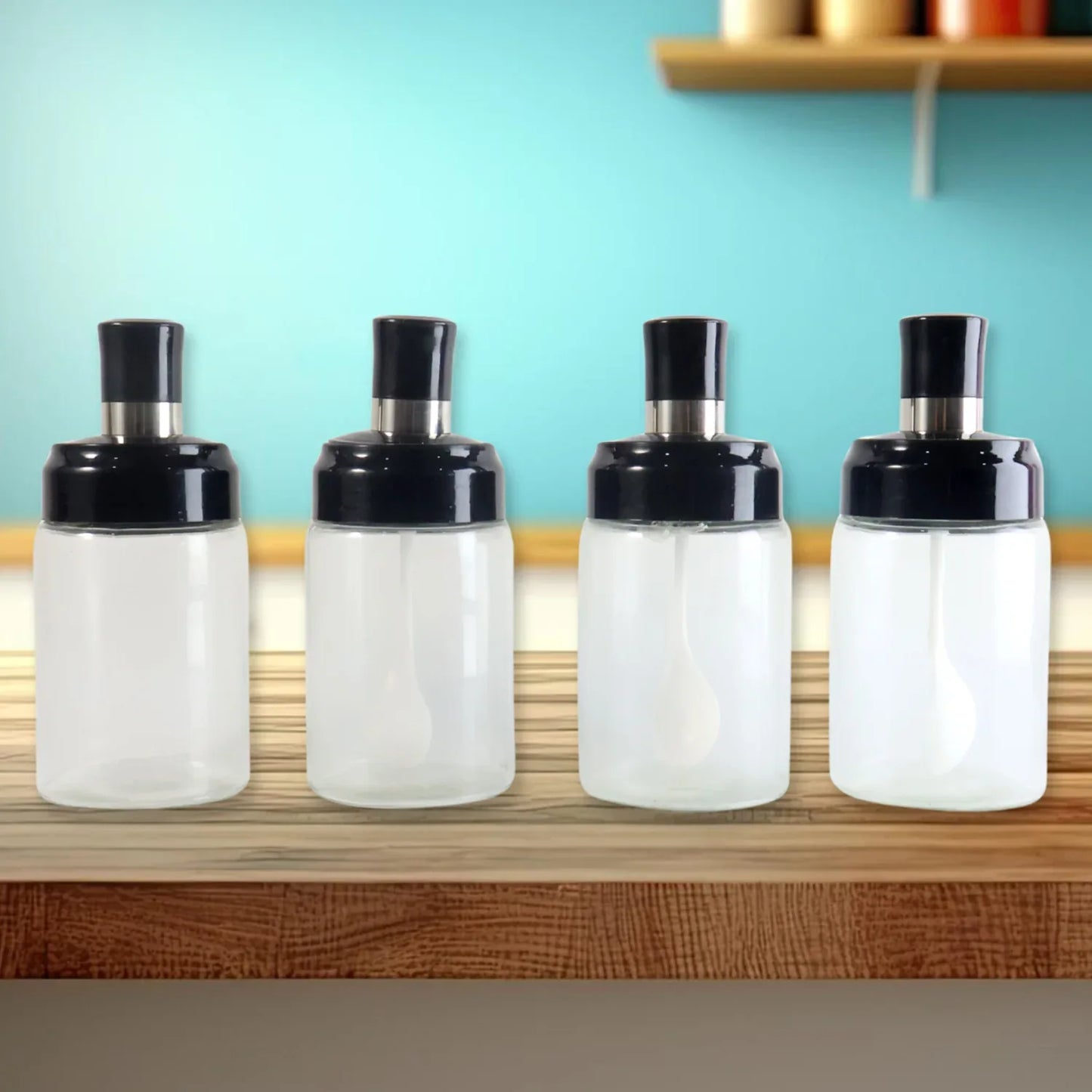 Transparent Spice Jar Set With Spoon Airtight Lid (4 Pc) - Zidbik