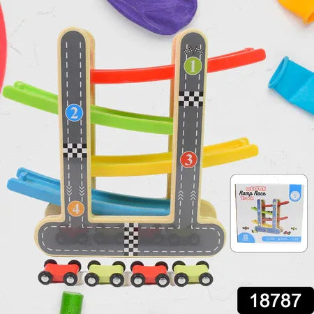Car Racer Track Play Set Wooden Click Clack Toys With 4 Mini Racers (1 Set) - Zidbik