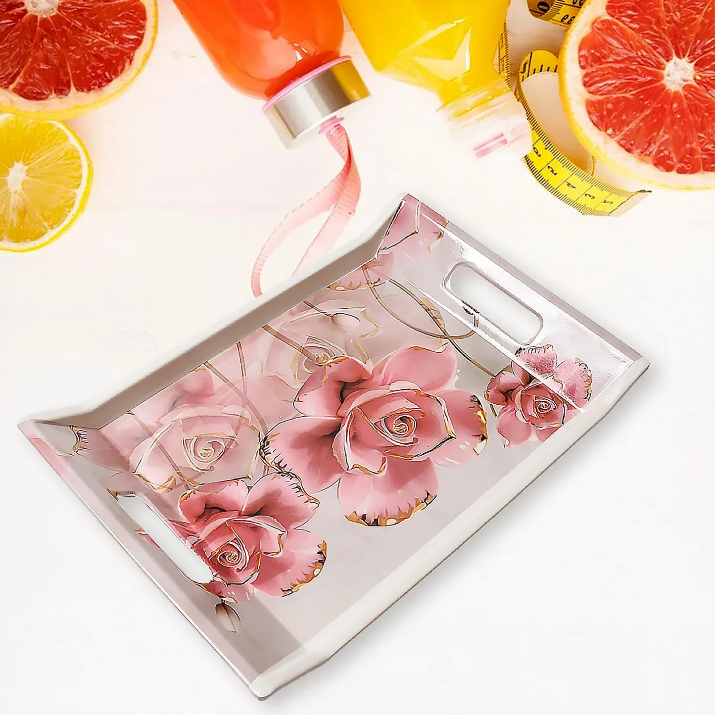 2292 Plastic Rectangular Shape Flower Printed Design Serving Tray 3 Pcs Home And Kitchen Use (3 Pcs Set) - Zidbik