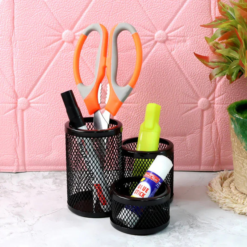 Khyati Trio Metal Mesh Pen Stand 3-in-1 Round Desk Organizer Set - Zidbik