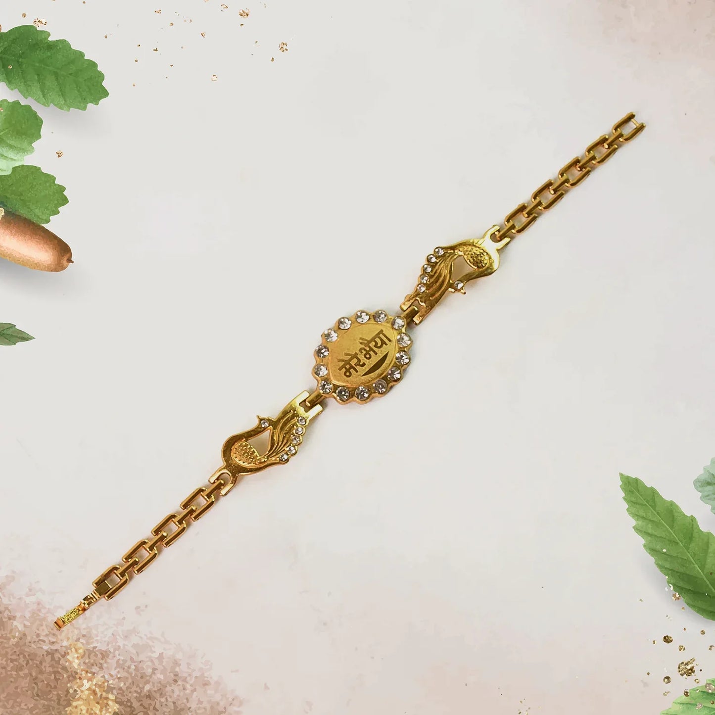 Bracelet With Stone Border Dual Peacock Chain End Rakhi - Zidbik