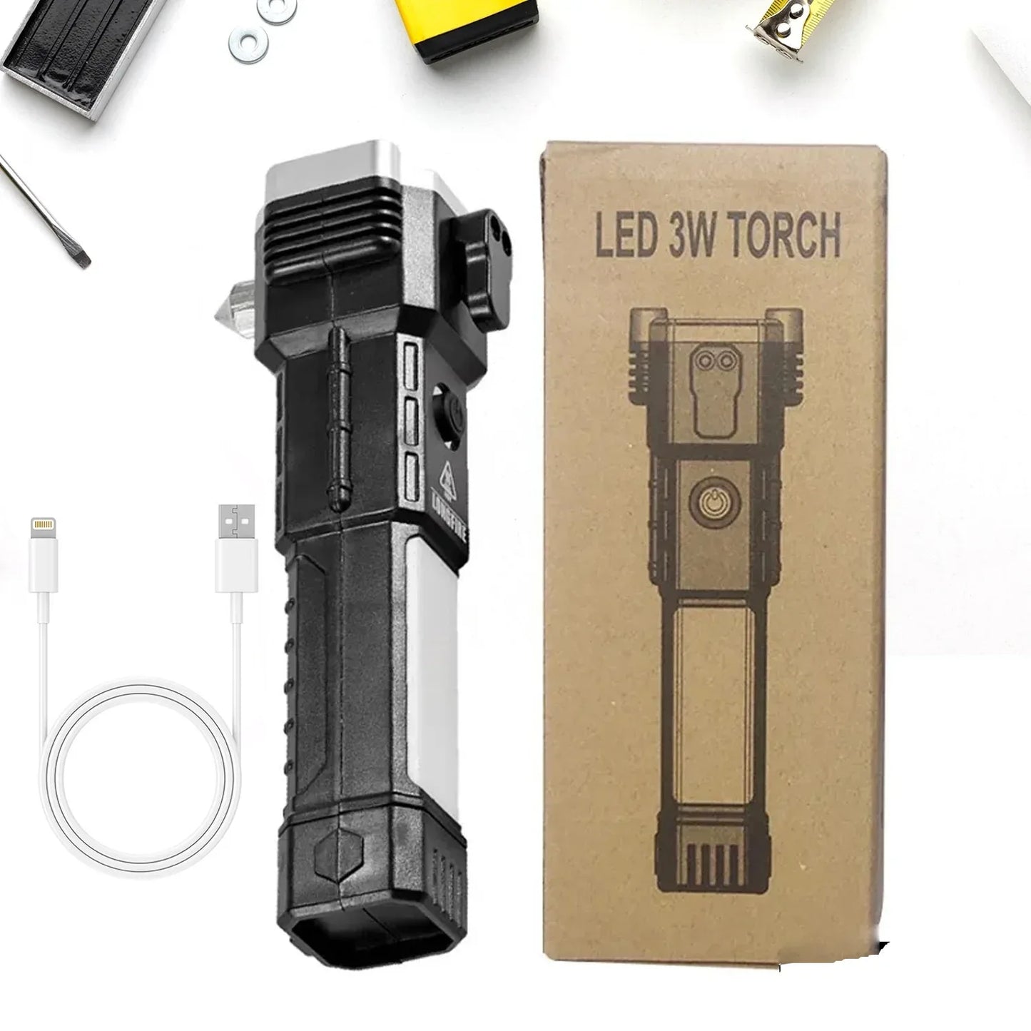 1524 Portable 3w Rechargeable Torch Led Flashlight Long Distance Beam Range Hammer And Strong Magnets Window Glass And Seat Belt Cutter 4 Modes For Car Camping Hiking Indoor Outdoor - Zidbik