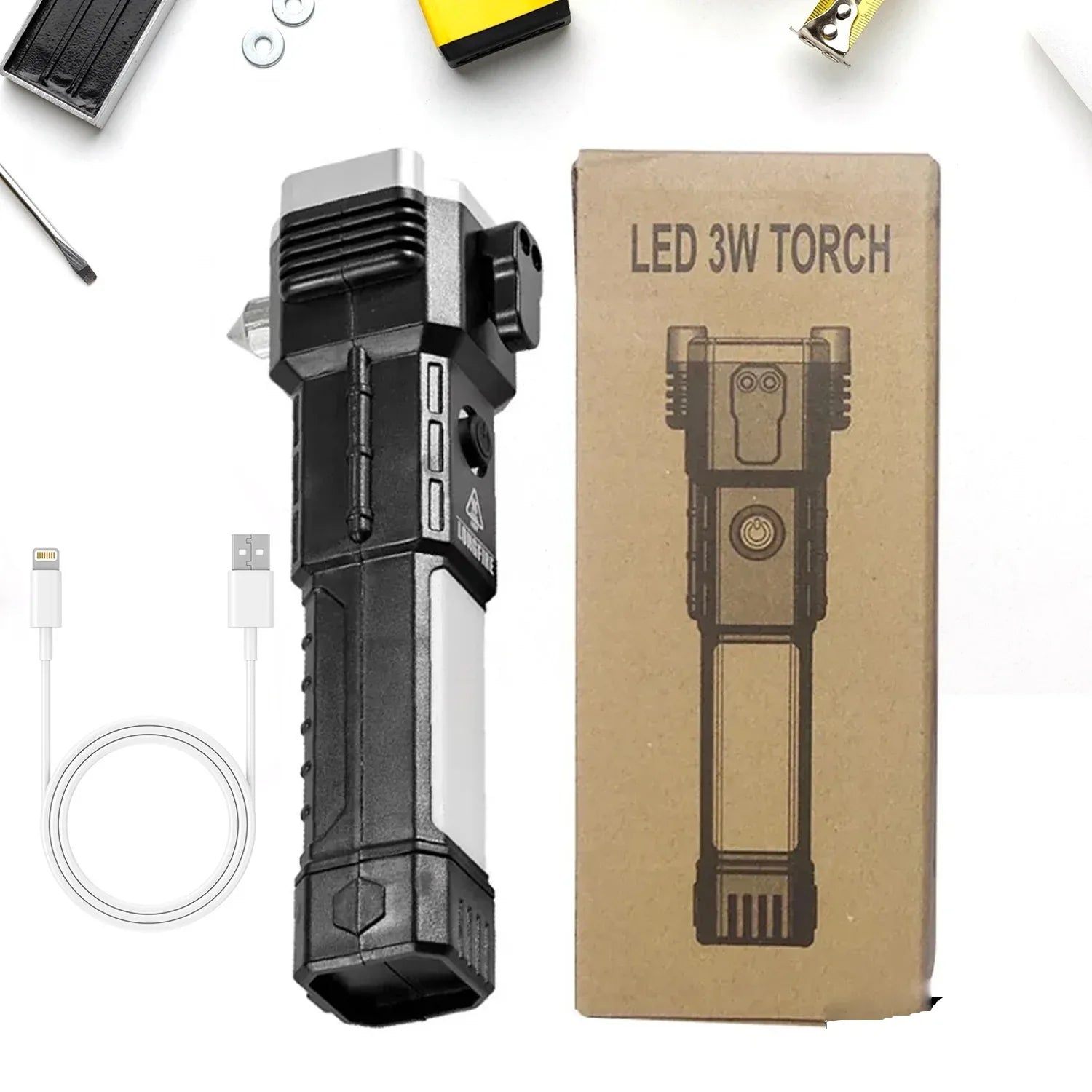 1524 Portable 3w Rechargeable Torch Led Flashlight Long Distance Beam Range Hammer And Strong Magnets Window Glass And Seat Belt Cutter 4 Modes For Car Camping Hiking Indoor Outdoor - Zidbik