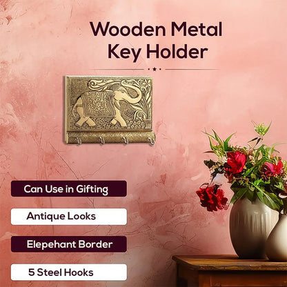 Wooden Key Holder For Home Decor Stylish Metal Gold Antique Elephant Design (1 Pc) - Zidbik