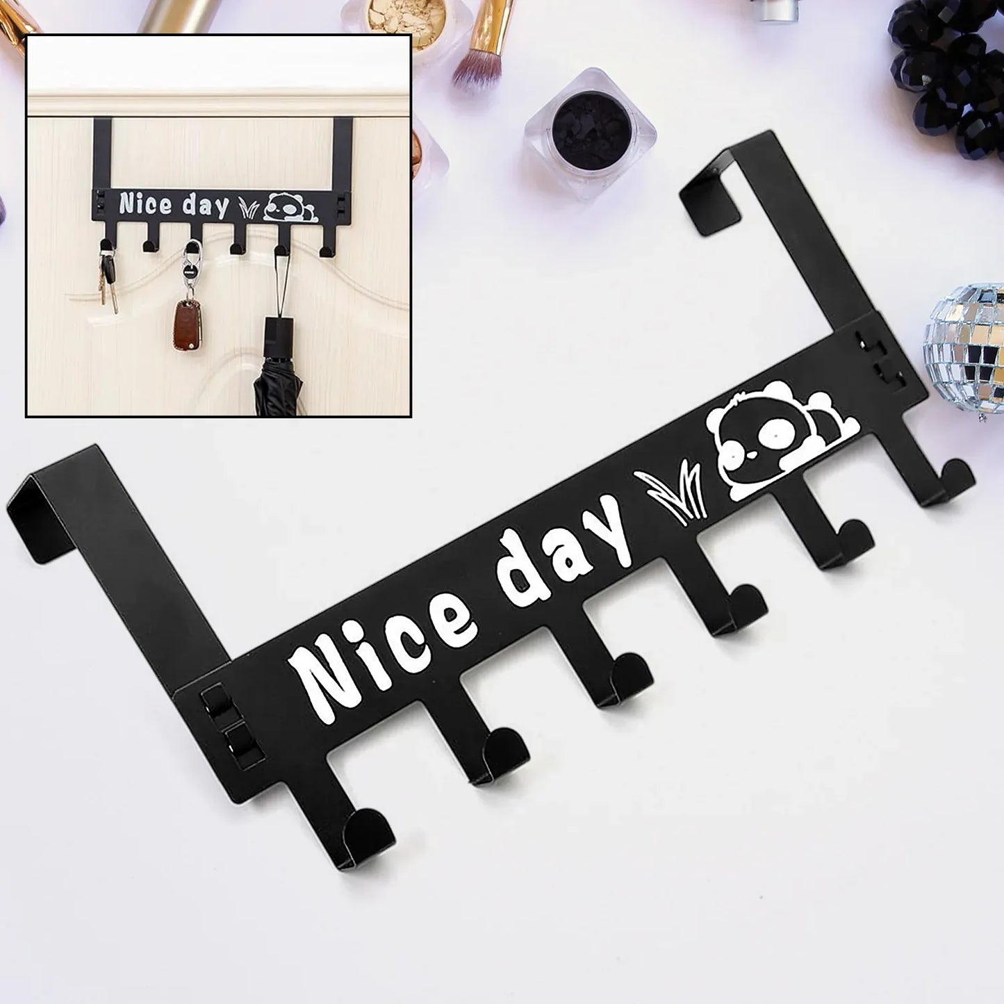 8536 Heavy-duty Carbon Steel Cartoon Nice Day Over Door Hook Hanger Rack Towel Hanger Removable Door Hook Coat Scarf Cloths Hanger (1 Pc 6 Hook) - Zidbik