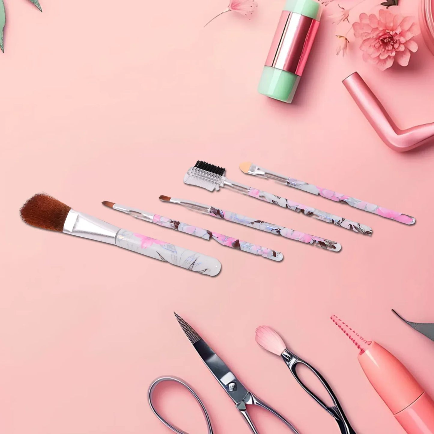 Floral Makeup Brush Set For Eyes Lips And Face (5 Pc) - Zidbik