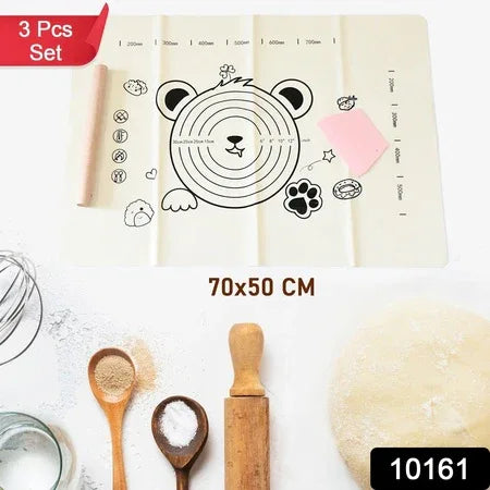 3 In 1 Low Silicone Baking Mat With Wooden Belan Cake Scraper (3 Pcs Set 7050 Cm) - Zidbik