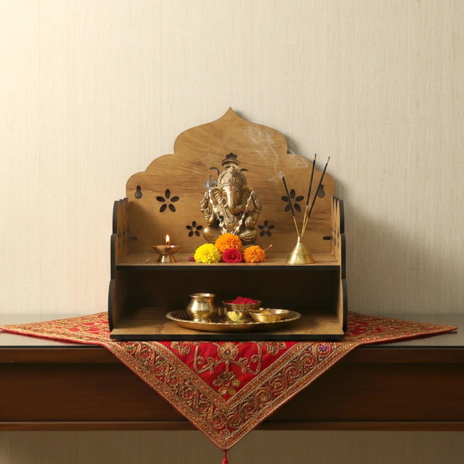 Wooden Temple Style Home Mandir Stand For Pooja - Zidbik