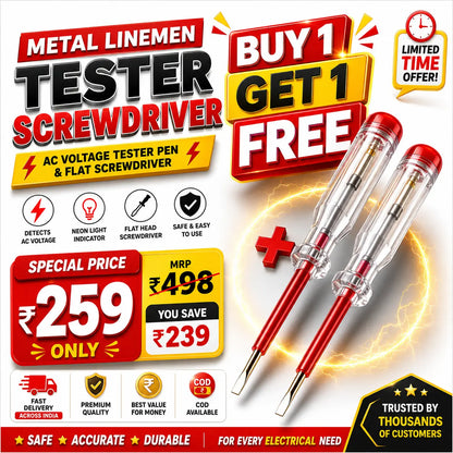 Metal Linemen Tester Screwdriver | AC Voltage Tester Pen & Flat Screwdriver | Buy 1 Get 1 Free