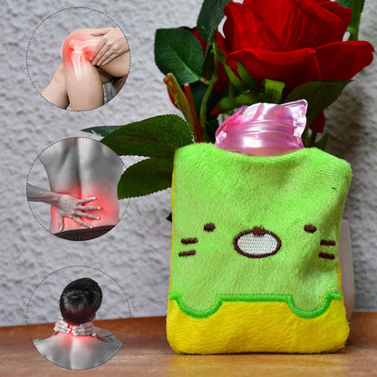 6514 Green Kitty Hot Water Bag with Cover for Pain Relief, Neck and Shoulder Pain, and Menstrual Cramps
