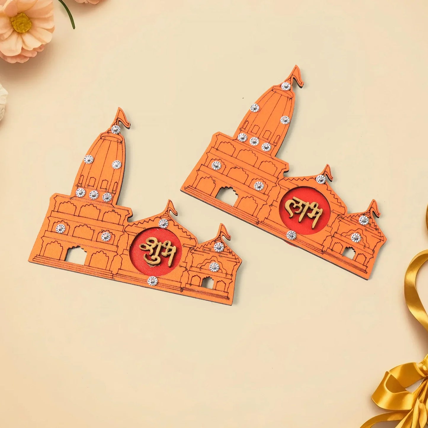 Shubh Labh Ram Temple Mandir Design Decorative Wall Sticker (2 Pc) - Zidbik