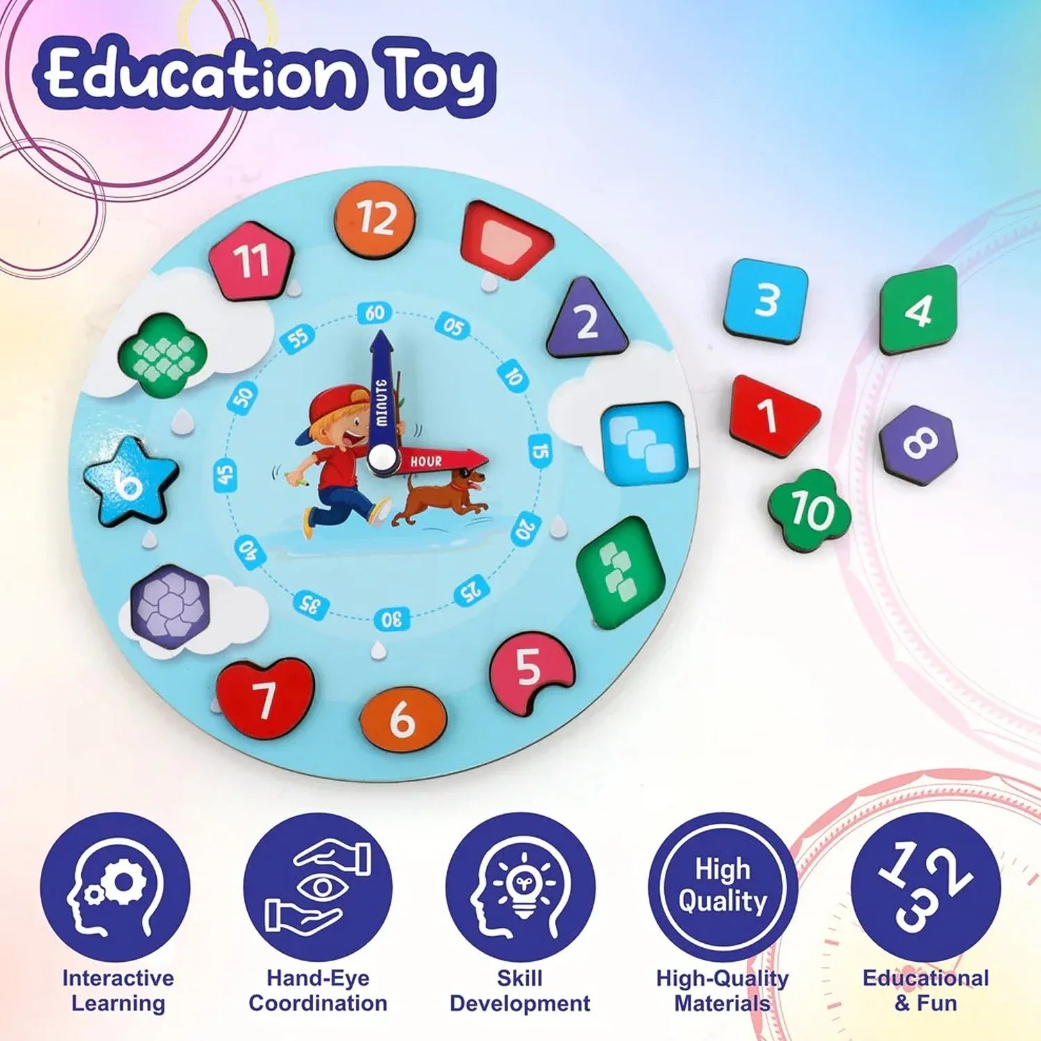 Aditi Wooden Educational Learning Clock Toy With Movable Hands - Zidbik