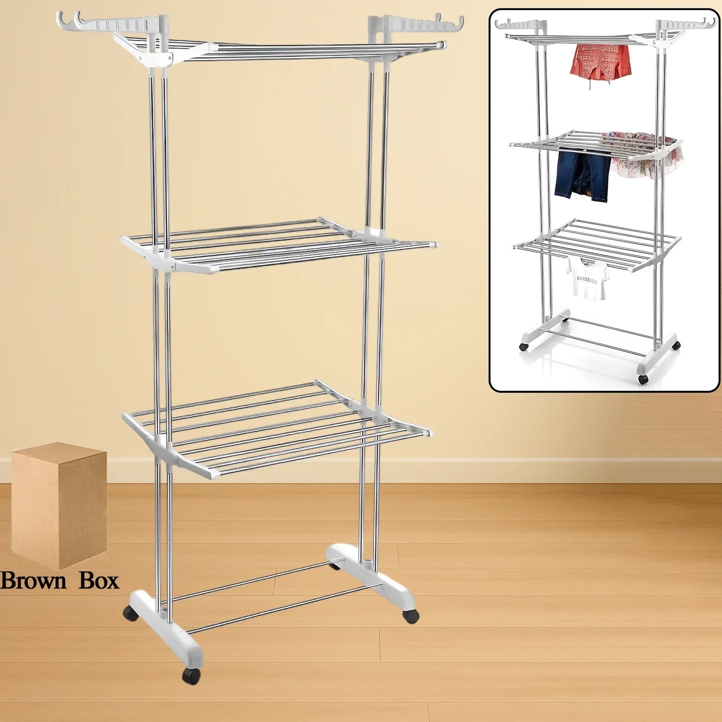 3-tier Foldable Stainless Steel Cloth Drying Stand With Wheels - Zidbik