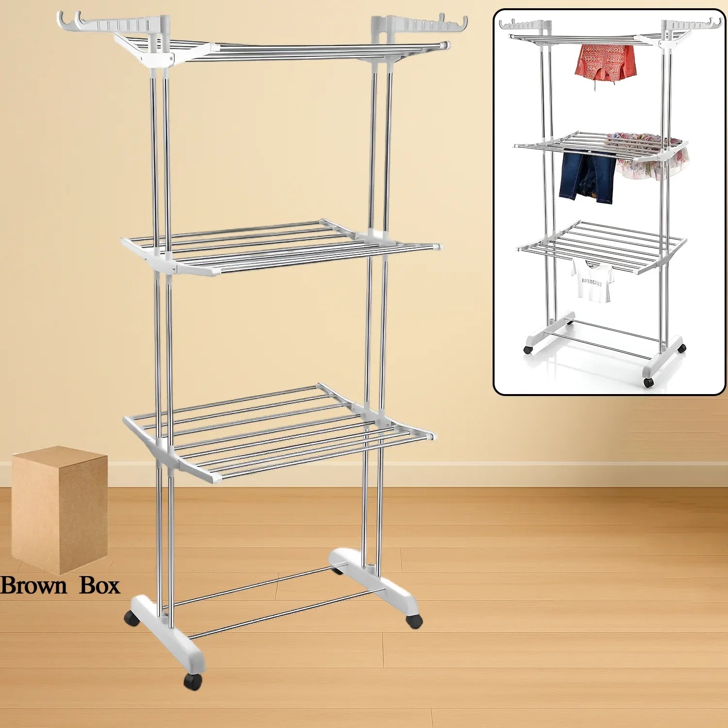 3-tier Foldable Stainless Steel Cloth Drying Stand With Wheels - Zidbik