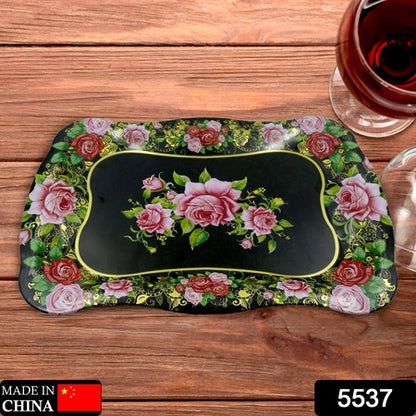 5537 Stainless Steel Serving Tray With Flower Printed Rectangle Premium Dining Table Plate (18 X 8.5 Inch  1 Pc) - Zidbik