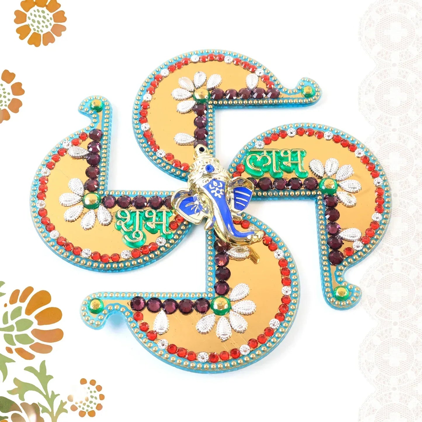 Golden Swastik Shubh Labh Wall Hanging With Ganesh Idol (1 Pc) - Zidbik
