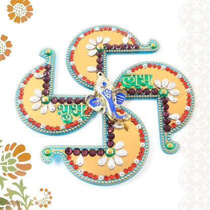 Golden Swastik Shubh Labh Wall Hanging With Ganesh Idol (1 Pc) - Zidbik