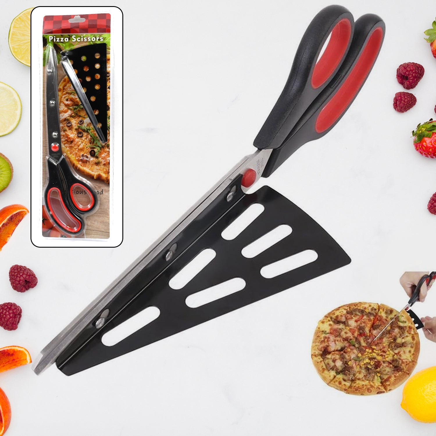 Stainless Steel Pizza Cutter Scissors Plastic Handle With Removable Spatula - Zidbik