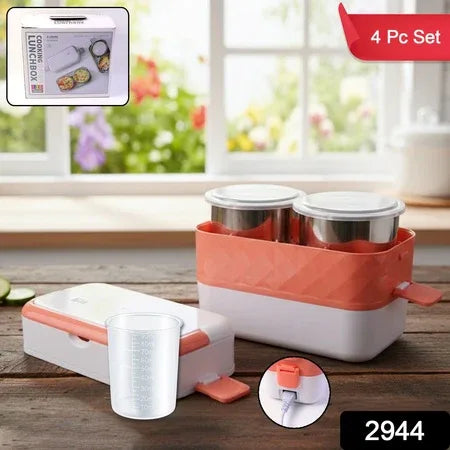 Electric Heated Lunch Box With Stainless Steel Inner Containers (1 Set) - Zidbik