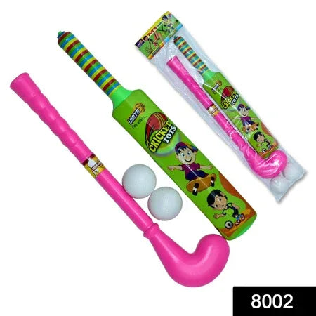 8002 Combo Of Light Weight Plastic Bat Ball Hockey For Kids Boys Indoor Outdoor Play - Zidbik