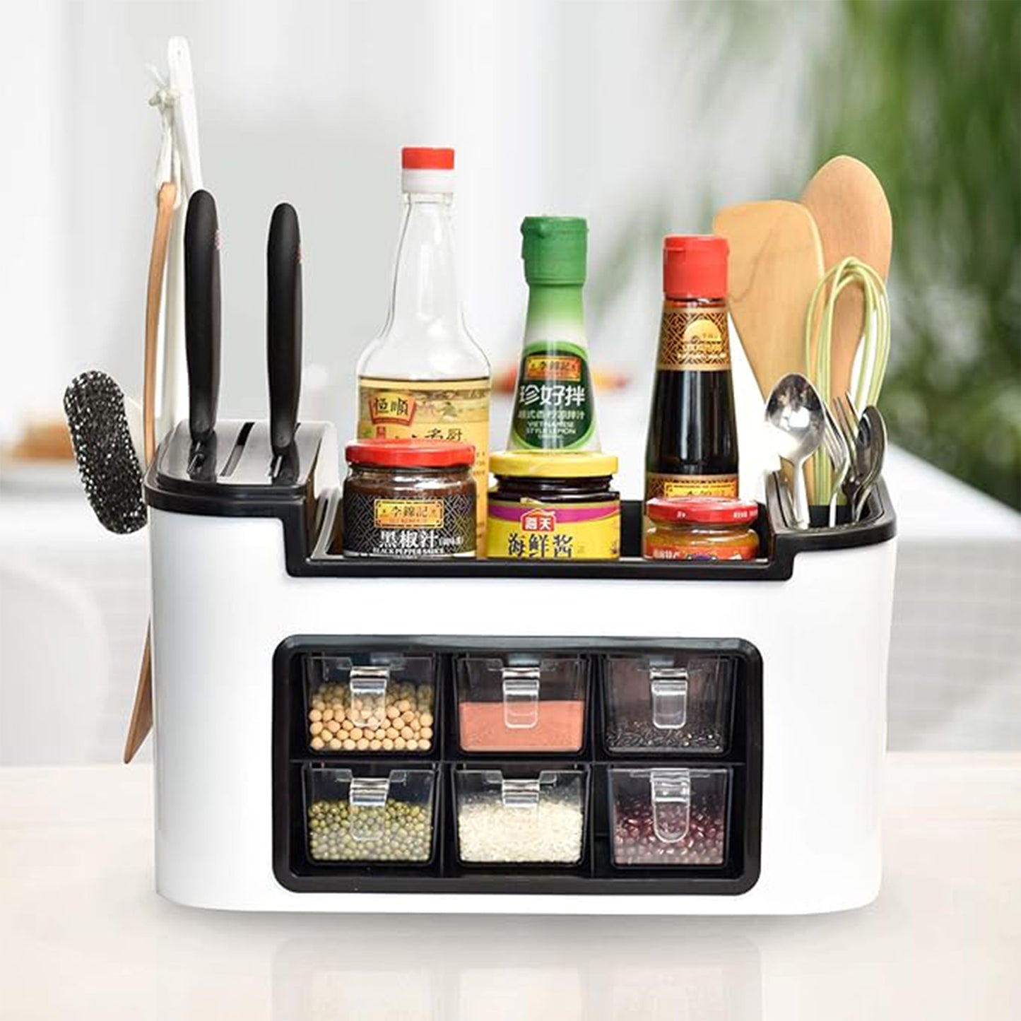 Multifunctional Kitchen Storage Organizer Rack With 6 Spice Containers Knife  Spoon Holder And Top Shelf - Zidbik
