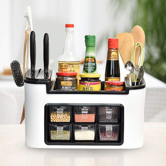 Multifunctional Kitchen Storage Organizer Rack With 6 Spice Containers Knife  Spoon Holder And Top Shelf - Zidbik
