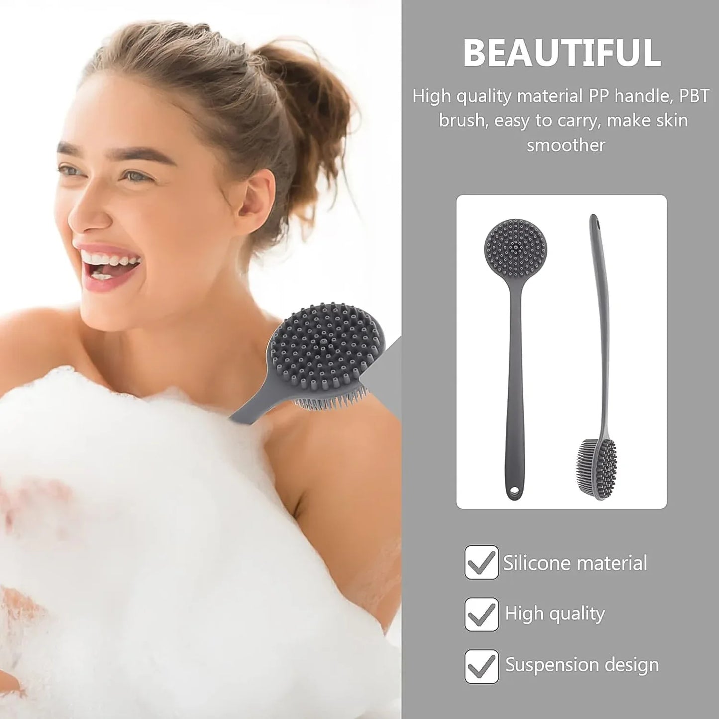 Silicone Back Scrubber Brush With Long Handle (1 Pc) - Zidbik