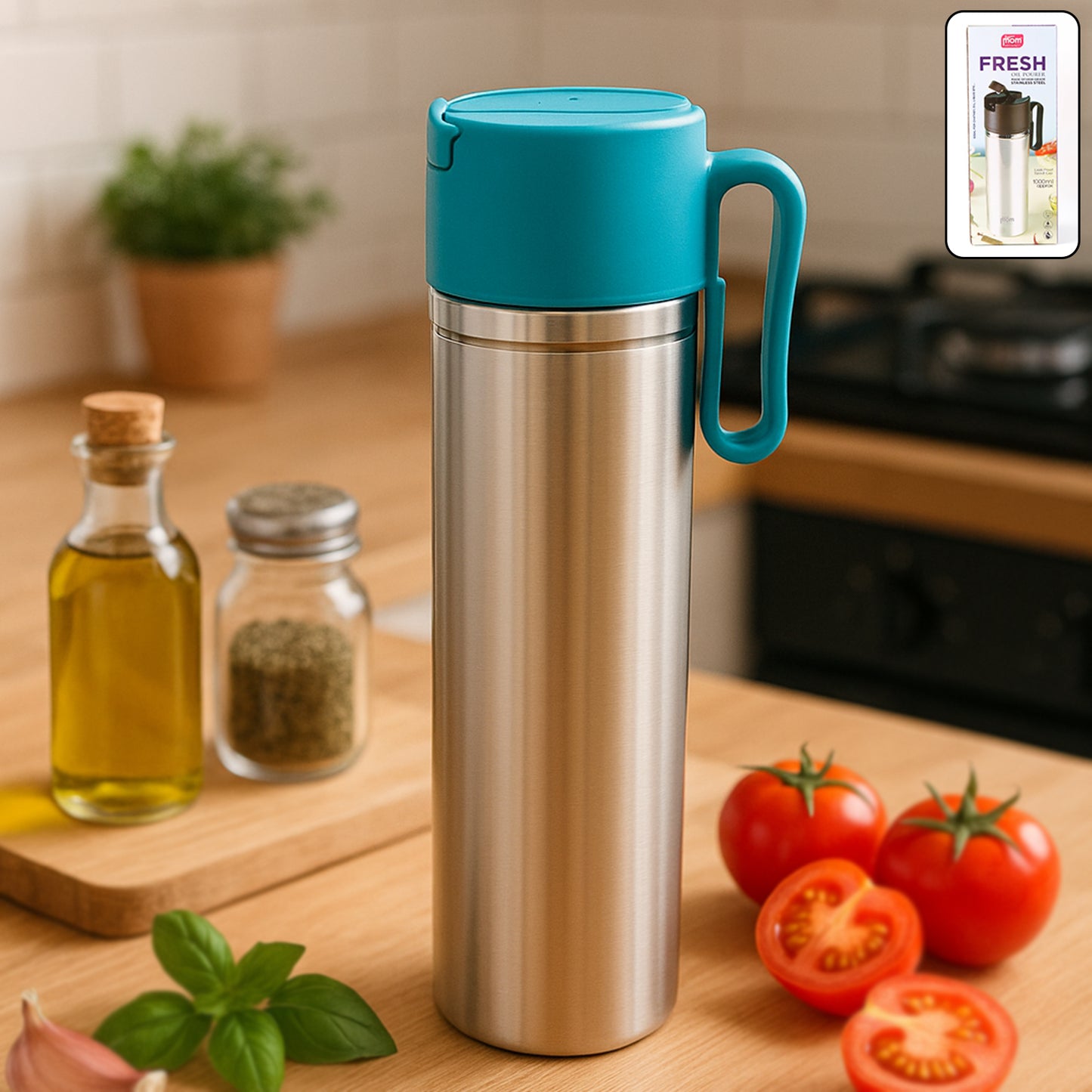 Stainless Steel Fresh Oil Pourer Bottle With Flip Lid And Handle Approx 1000ml (1 Pc) - Zidbik
